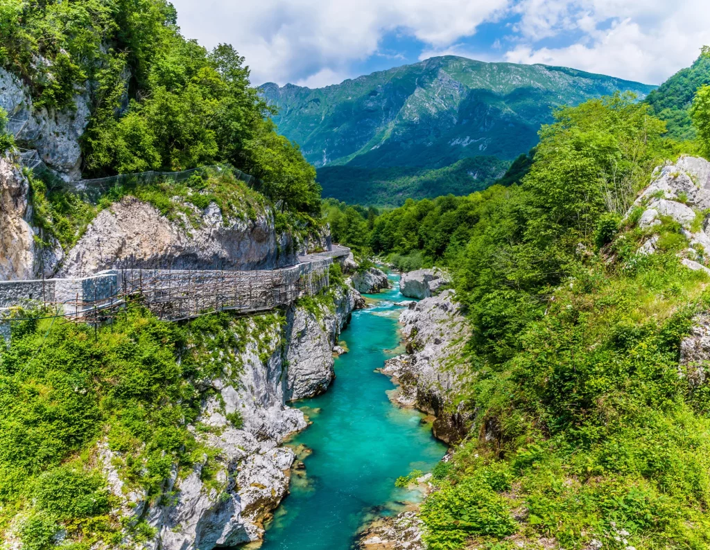 A view up the Soca river from the Napoleon Bridge in Slovenia in summertime